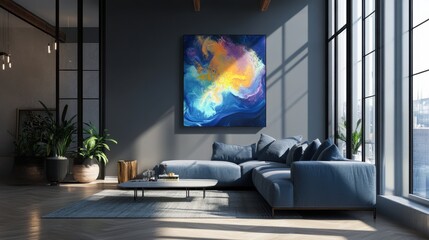 Modern Living Room with Abstract Art and City View