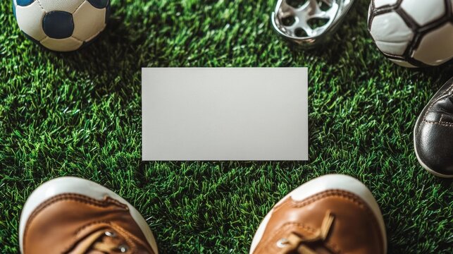 Blank business card on a football pitch with a whistle cleats and soccer ball. Generative AI