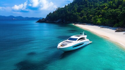 Luxury yacht anchored at pristine tropical beach.
