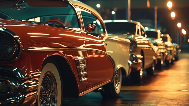 A row of classic cars parked neatly in a well-lit parking lot, emphasizing the details of the vehicles