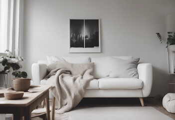 Cozy white sofa against window Scandinavian style home interior design of modern living room