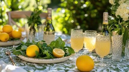 Fototapeta premium A vibrant outdoor table setting with fresh lemons, drinks, and greenery for a gathering.