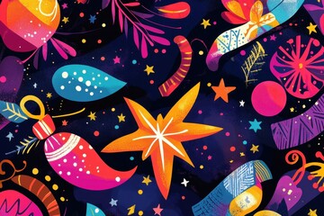 Naklejka premium A vibrant holiday-themed illustration featuring colorful ornaments and festive elements.
