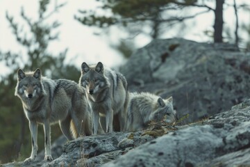 Obraz premium Three Eastern timber wolves on rocky slope in wilderness.