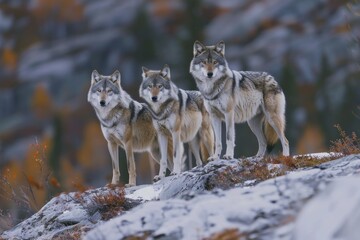 Naklejka premium Three Eastern timber wolves on rocky slope in wilderness.