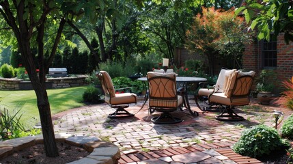Obraz premium Elegant Outdoor Patio with Umbrella and Comfortable Furniture