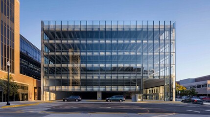 Modern multi-story parking garage, architectural marvel, glass facade, elegant design, day light
