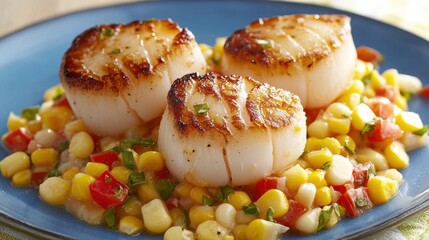 Savory grilled scallops with corn salad on blue plate for gourmet dining experience