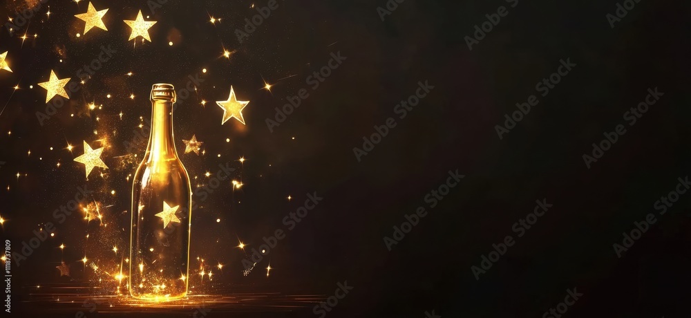 Poster new year's background with golden sparklers in the shape of stars and a champagne bottle on a dark b