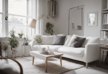 Cozy white sofa against window Scandinavian style home interior design of modern living room