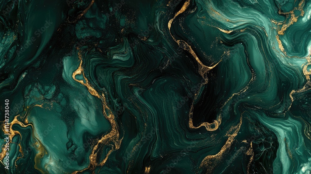Poster abstract green marble texture with swirling patterns and golden accents.