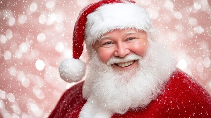 In this macro side shot, Santa Claus has a soft pink background, a white beard, and a gentle expression, all enhanced by a blurred effect to produce a tranquil Christmas composition.
