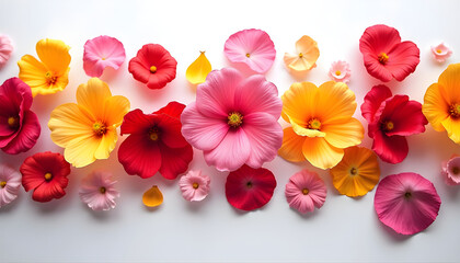 Symphony of Petals in Various Sizes, Shapes, and Colors, Creating a Vibrant Composition on a White Backdrop