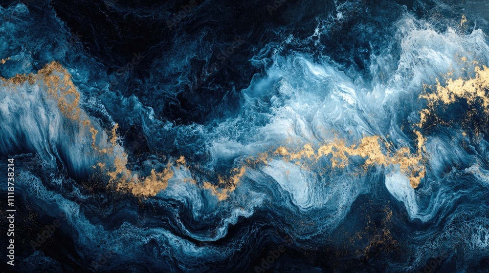 Poster abstract art featuring swirling shades of blue and gold, creating a dynamic and luxurious visual exp