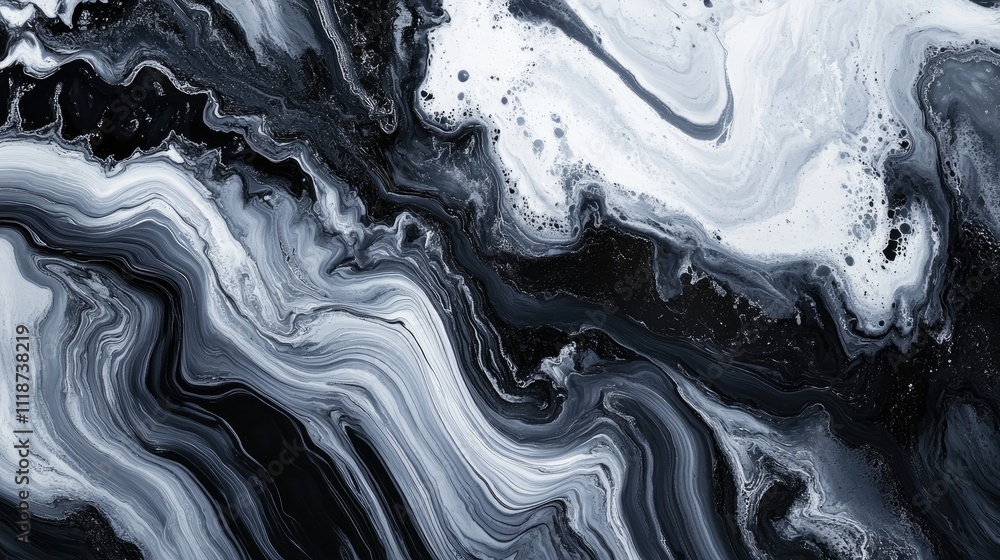Poster abstract black and white marbled texture with fluid patterns and swirls.