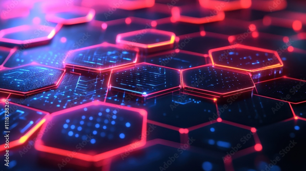 Poster a digital representation of interconnected hexagonal patterns with glowing effects.