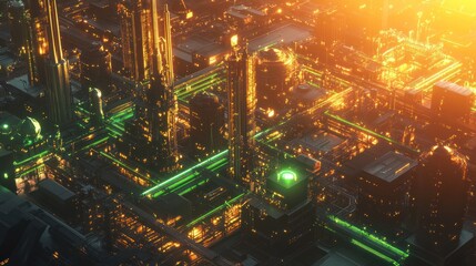 Obraz premium Futuristic city at sunset, glowing pipes and structures.