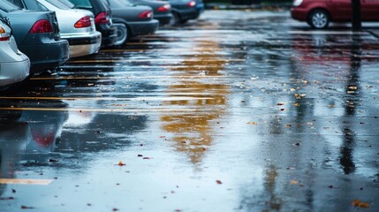 Parking lot on a rainy day, cars reflecting the wet pavement, reflective surfaces, moody light