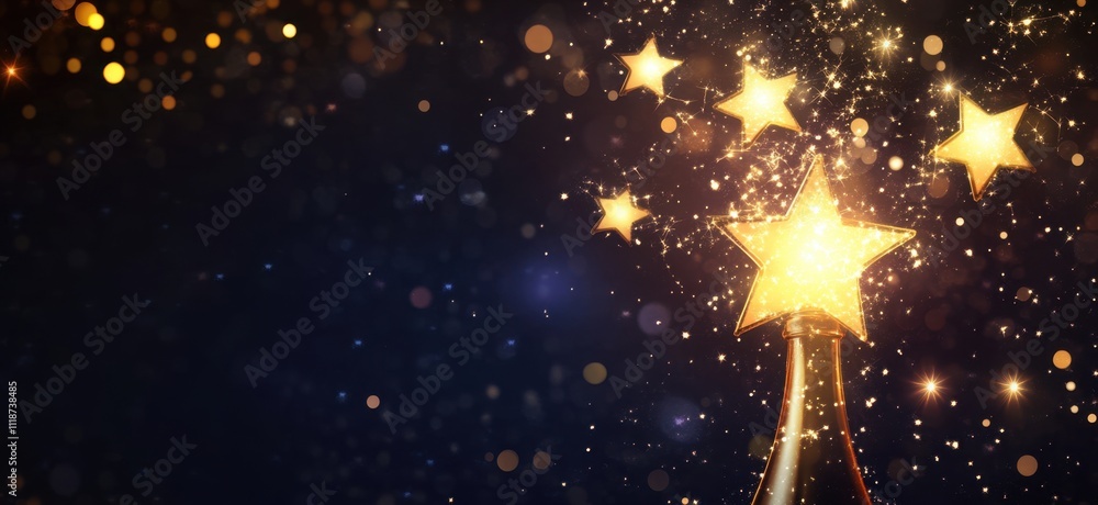 Poster a champagne bottle with sparklers and stars, creating an elegant new year's background for festive p