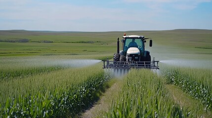 Fototapeta premium A tractor equipped with a sprayer arm is actively spraying agricultural chemicals on a vibrant green field during the spring season