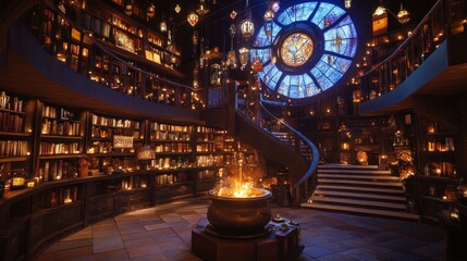 Obraz premium Enchanting library with spiral staircase, bookshelves, and stained-glass window.