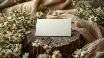 Blank Business Card on Tree Stump with Wildflowers. Generative AI