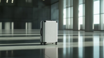 White suitcase in modern airport.