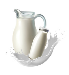 3d realistic vector icon illustration. Dairy farm. Fresh milk splash with milk jug and bottle. Isolated on white background.