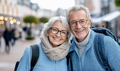 portrait of senior couple. Happy elderly couple with backpacks on a walk, with city streets behind them. Concept: Lifestyle of elderly people who travel a lot.