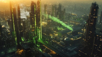 Futuristic cityscape at sunset, glowing green pipes and smoke.