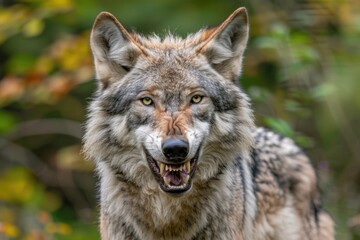 Fototapeta premium Close up portrait of aggressive grey wolf in Canadian forest.