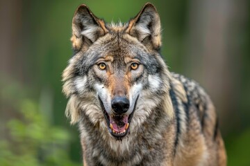 Obraz premium Close up portrait of aggressive grey wolf in Canadian forest.