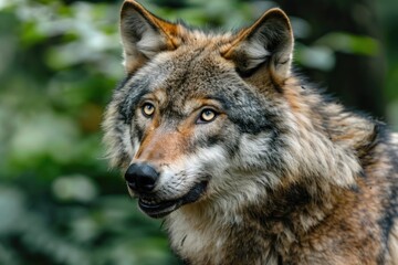 Close up portrait of aggressive grey wolf in Canadian forest.