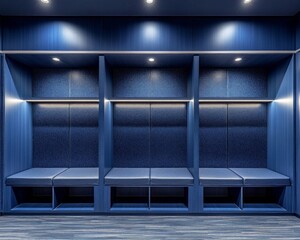 Modern blue locker room interior with bench seating and overhead lighting