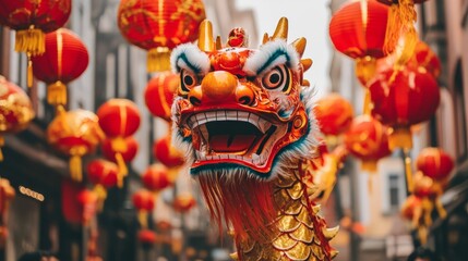 A Chinese New Year dragon dance weaving through the streets, with bright red and gold lanterns...