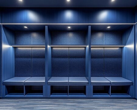 Modern blue locker room interior with bench seating and overhead lighting - Powered by Adobe