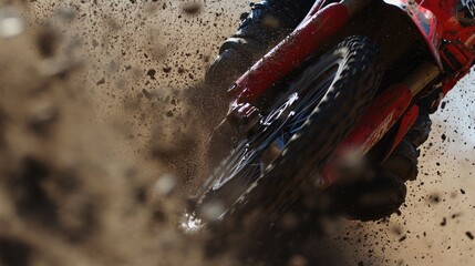 Close-up of a motorcycle tire kicking up dirt during an off-road ride.