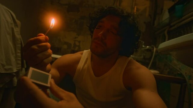 Medium lowkey shot of apathetic Caucasian man in undershirt striking match and watching it burn in shabby bathroom in evening