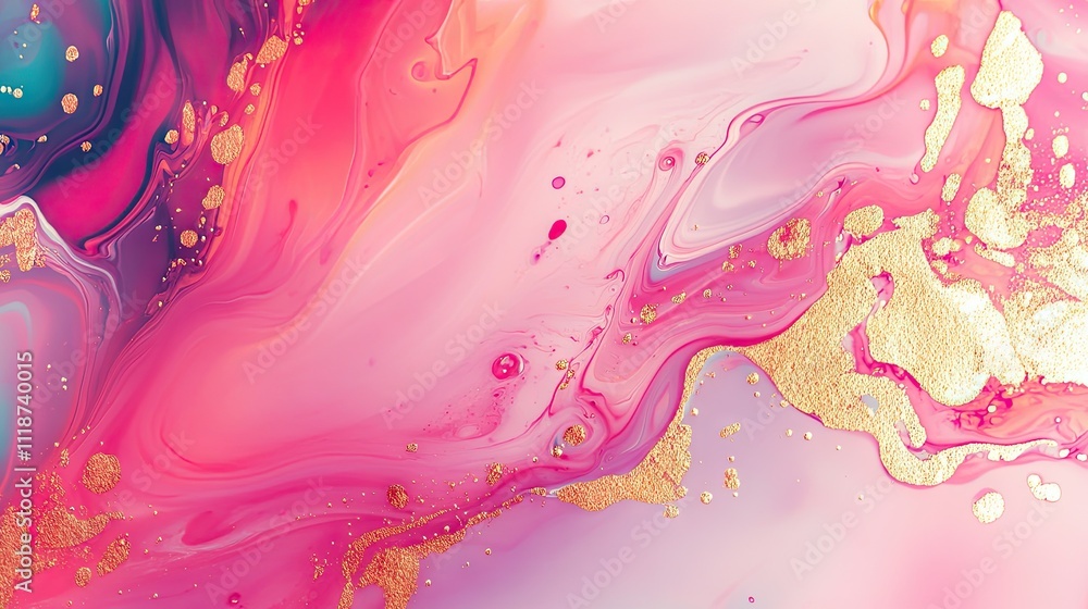 Poster abstract fluid art featuring vibrant pink and gold tones, creating a dynamic and luxurious atmospher