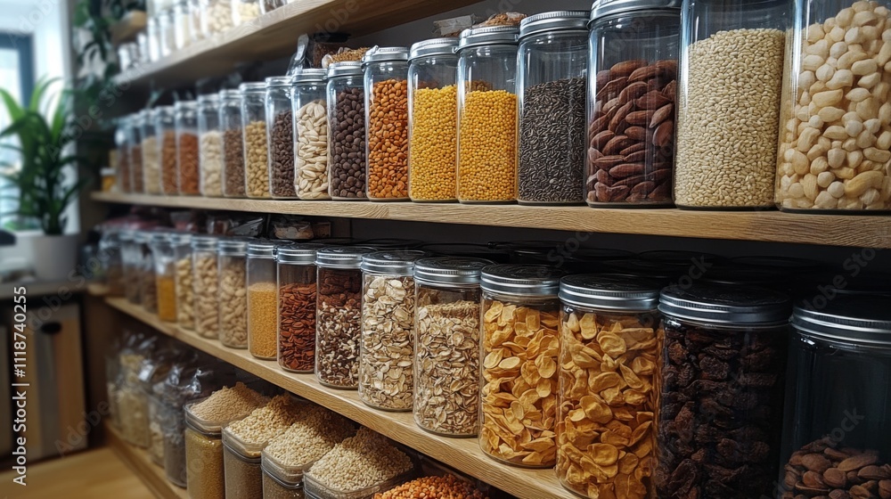 Poster a charming display showcases various jars filled with grains, nuts, and dried fruits on wooden shelv