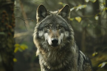 Obraz premium Grey Wolf Canis lupus Looks Forward captive animal