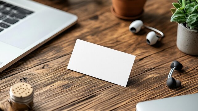 Blank Business Card Mockup with Coding Book Laptop and Earphones. Generative AI - Powered by Adobe