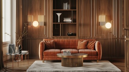 Luxurious, warm-toned, elegant living room with a rich wooden interior, a comfortable orange couch, a round coffee table, and built-in shelving.