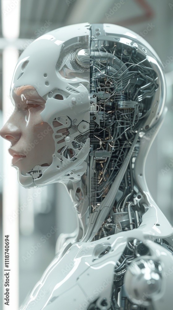 Poster a humanoid robot with visible inner mechanics stands indoors. concept is futuristic technology and r