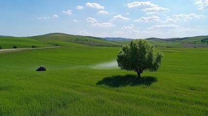 A tractor is actively spraying ranch chemicals on lush green grass, with a winding river and distant homes visible in the background