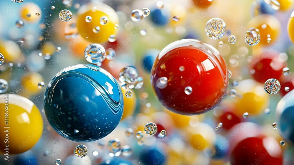 Poster colorful marbles floating in water create a mesmerizing and dynamic underwater display with bubbles 