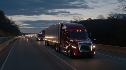 A vibrant red semi-truck adorned with LED lights makes its way down a highway at night, creating a cinematic look among fellow trucks during the blue hour