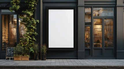 Blank billboard on dark building facade.