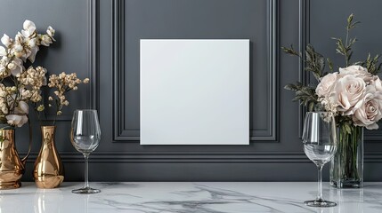 A small white blank canvas mockup stands elegantly in a refined dining room adorned with gold and green accents, creating a luxurious atmosphere ideal for high-end establishments