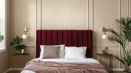 Modern bedroom with a luxurious berry red velvet headboard, beige walls, brass accents, and minimal plants, featuring minimalist design elements.